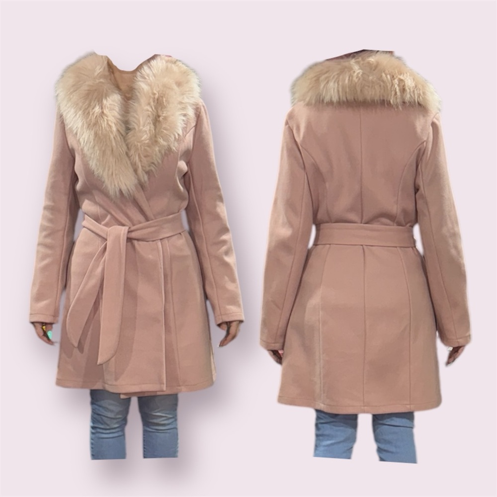 Women's Pink Faux Fur Collar Coat